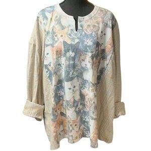 Cat Theme T Shirt Flannel Upcycled Top